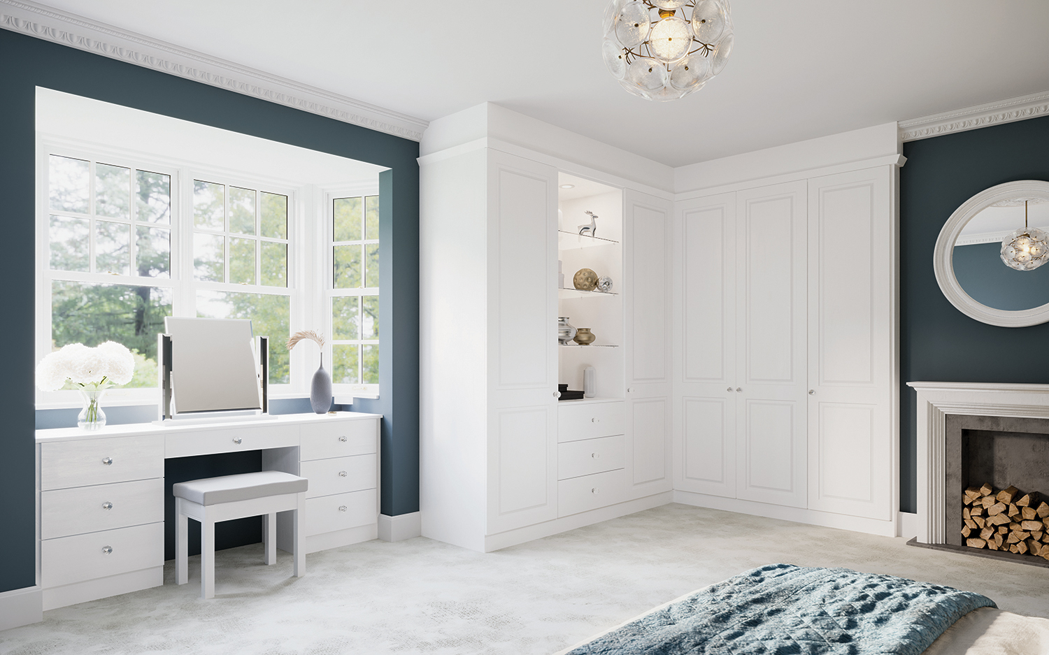 bedroom design with open shelving in light colours, dressing table below window