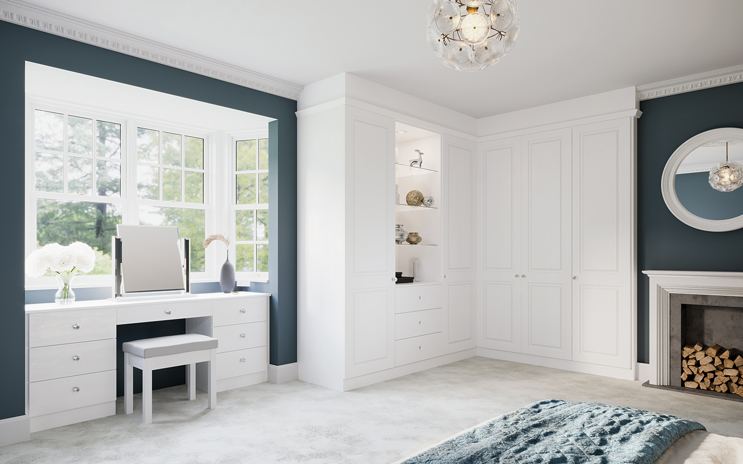 Suppliers 1 bedroom design with open shelving in light colours, dressing table below window