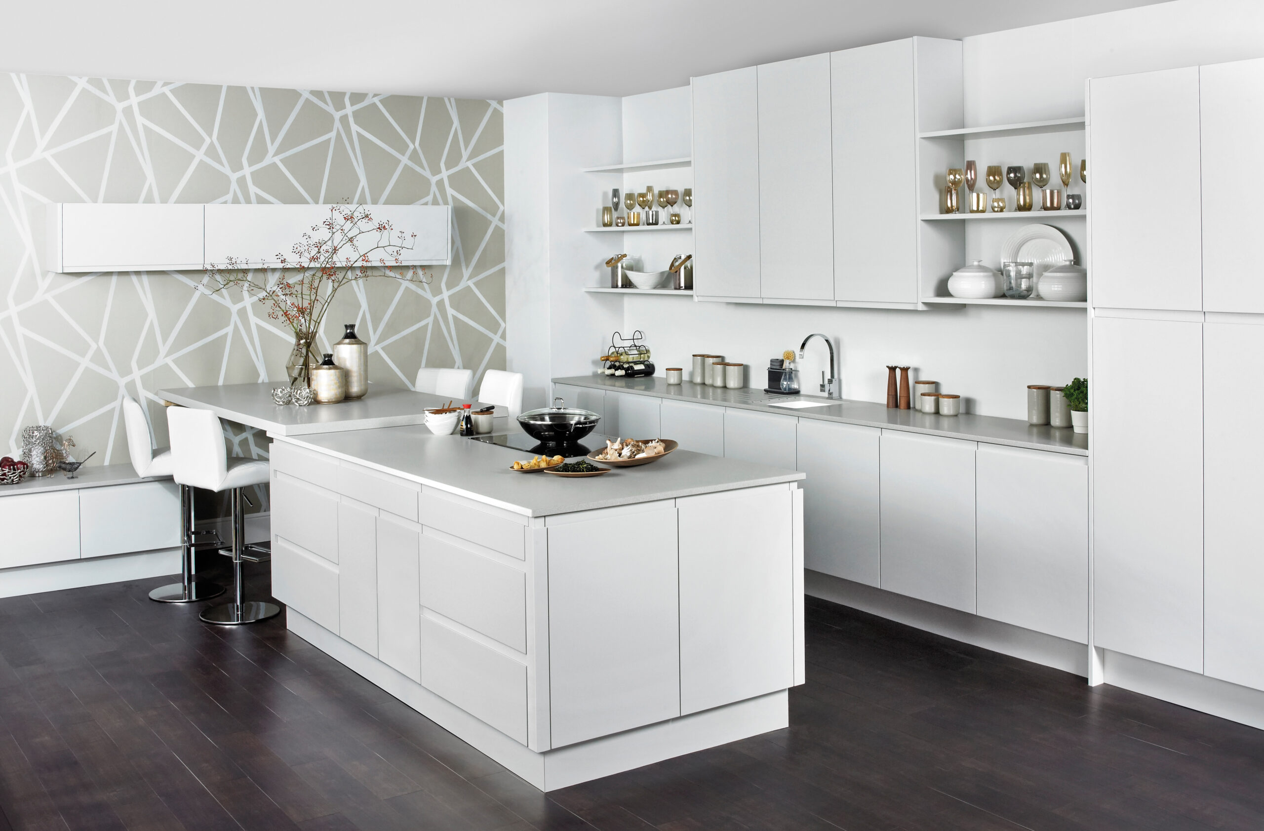 Suppliers 3 white kitchen island design with grey worktops , base and wall cabinets to rear with sink and hob