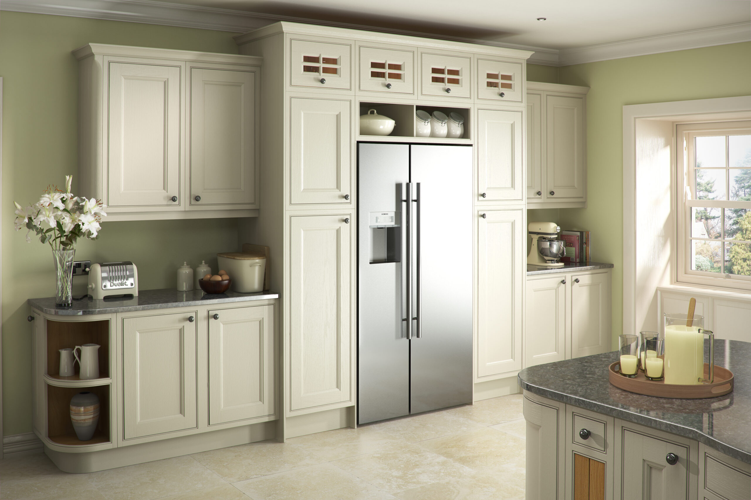 in-frame kitchen design with glass wall cabinets over freestanding fridge freezer all base cabinets in ivory