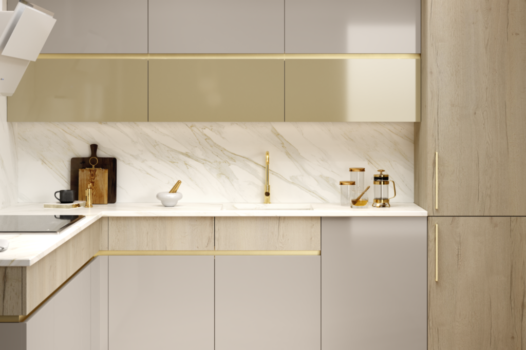contemporary kitchen in light cappuccino colours and white quartz tops with full brass rail going across doors instead of handles and wall cabinets stacked on top of each other with a larder cabinet on the furthest right
