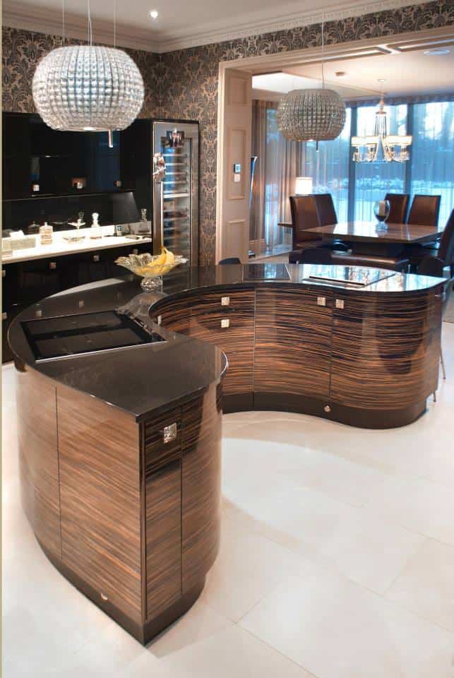 Zebrano u shape island with quartz dark tops