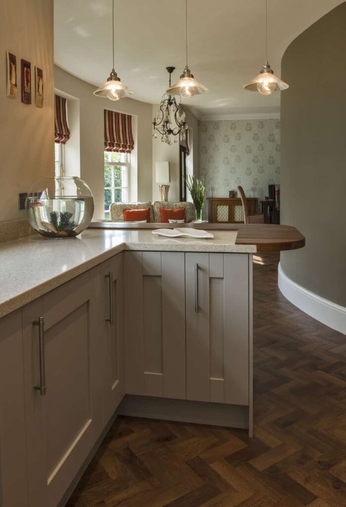 breakfast bar shown with corner cupboard, Monkman Kitchen